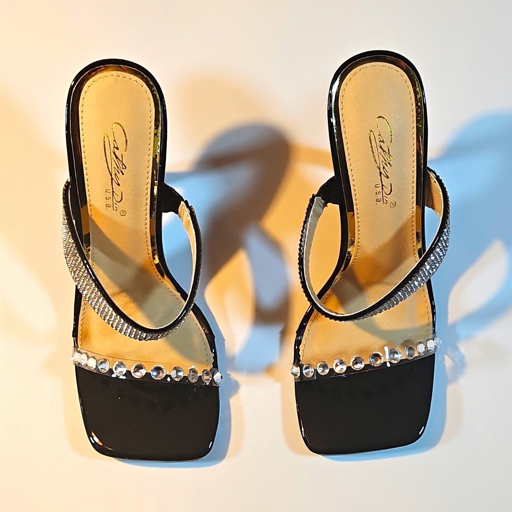 Cathy Din Women's Black Rhinestone Strappy Slip-On Square Toe Synthetic Heel 7